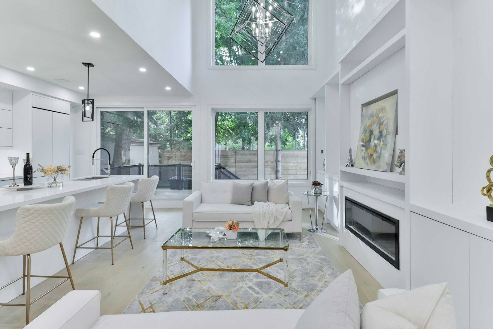 Light-filled living room with double-height windows